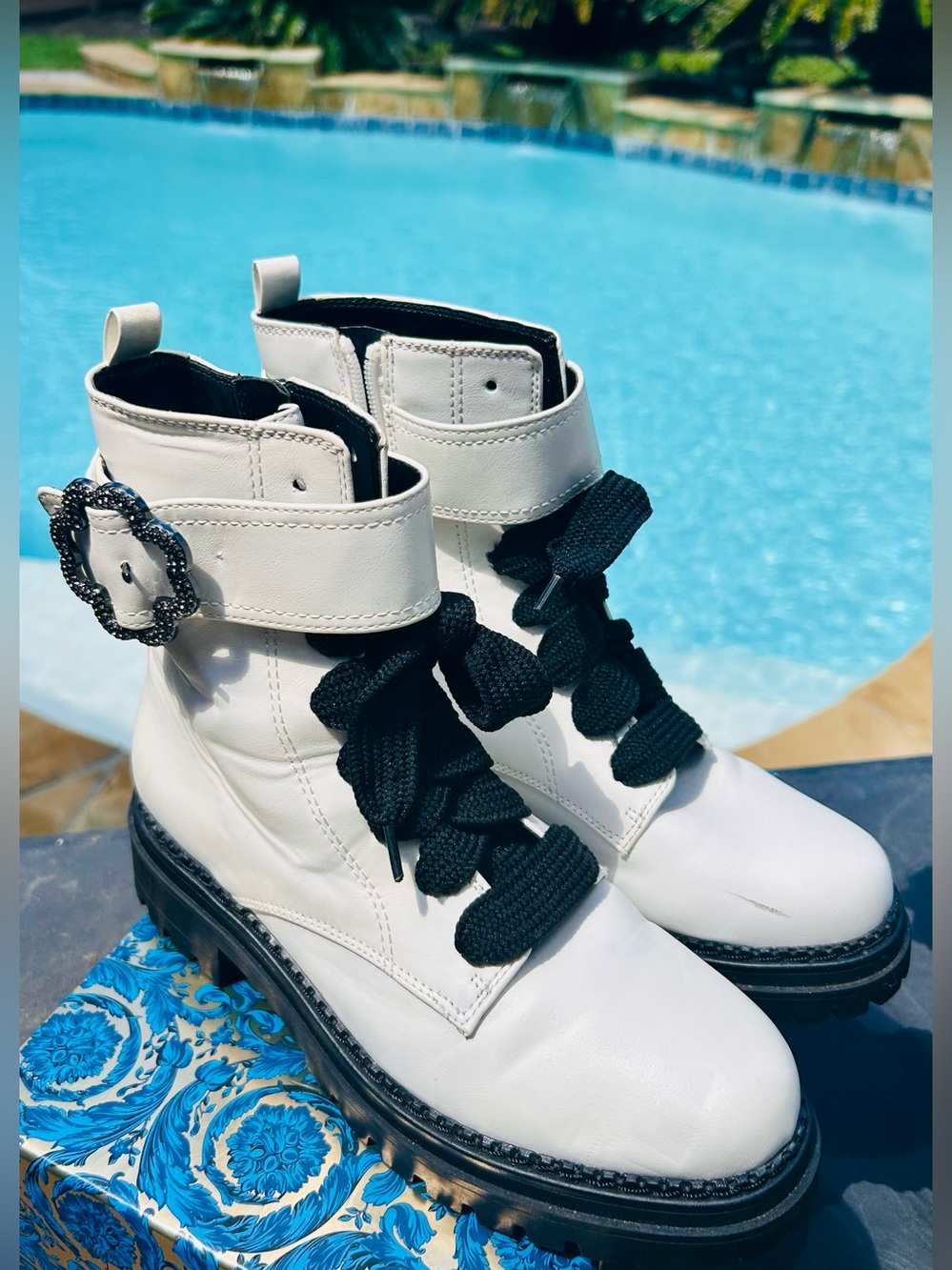 Sam & Libby White Combat Boots with Black Laces and Buckle Accent.  Size 8